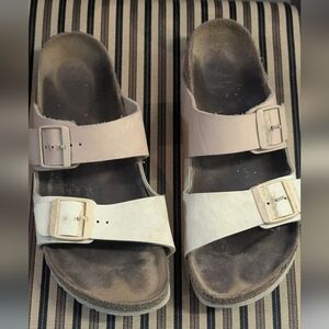 Birkenstock Two-Tone Buckle Sandals Cream and Light Pink Arizona Size 42